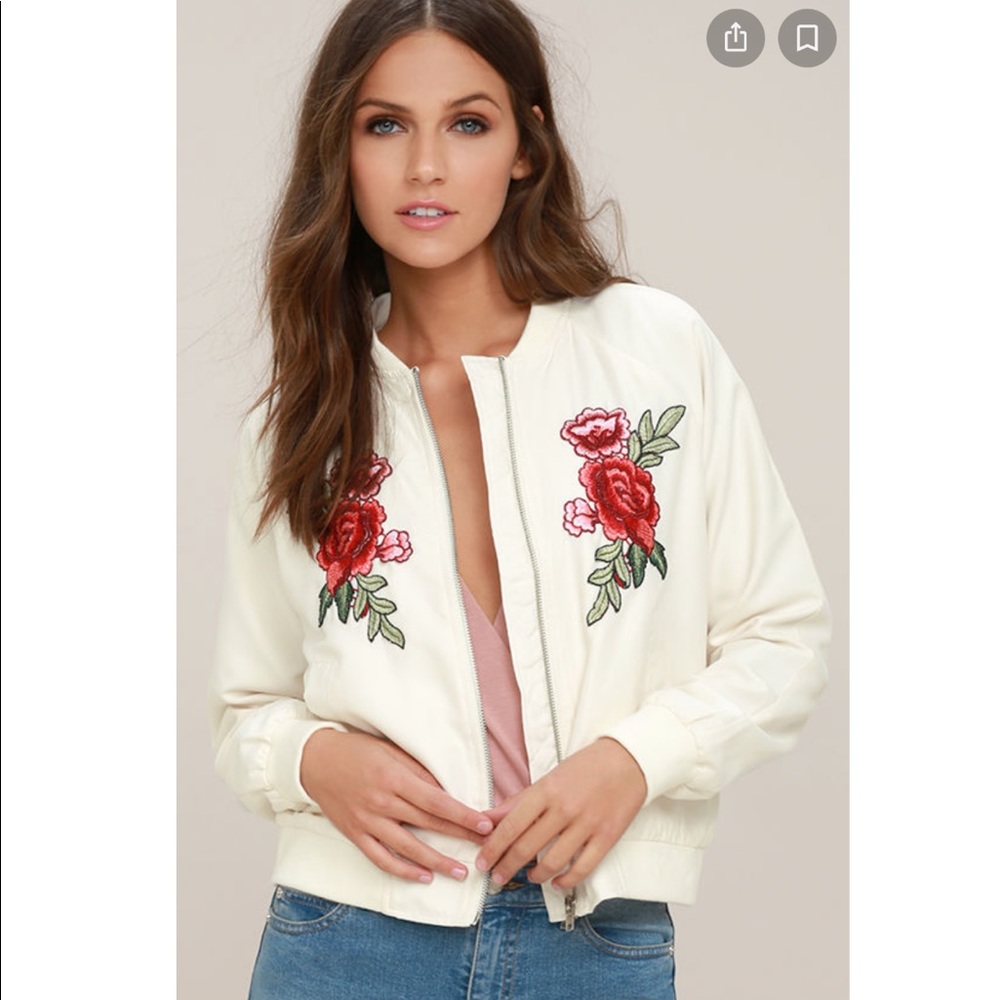 JACK by BB Dakota Varis Ivory Bomber Jacket embroidered with red roses